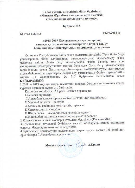 Оқушылардың тамақтану сапасының мониторингін жүзеге асыру бойынша комиссия жұмысын жүзеге асыру туралы бұйрық